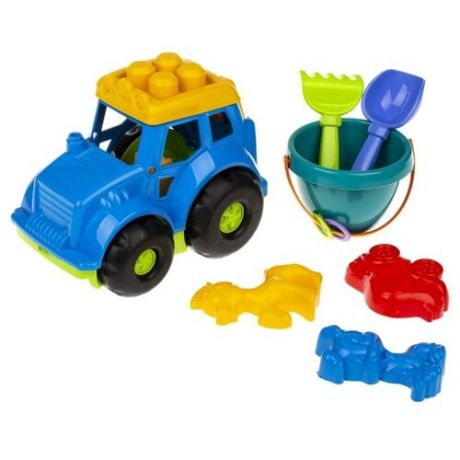 0220 Трактор "Кузнечик" №3: трактор, ведёрко, лопатка, грабельки, три пасочки, Colorplast