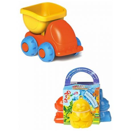 Игрушки для песочницы для снега Мягкая машинка №1 желтый кузов + 3D формочки животные №1