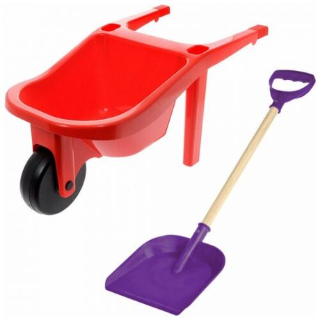 Игрушки для песочницы для снега Тачка детская садовая красная + Деревянная детская лопатка 60 см. красная
