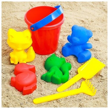 Набор для игры в песке №1: ведёрко, 4 формочки для песка, грабельки, лопатка, микс Соломон Россия