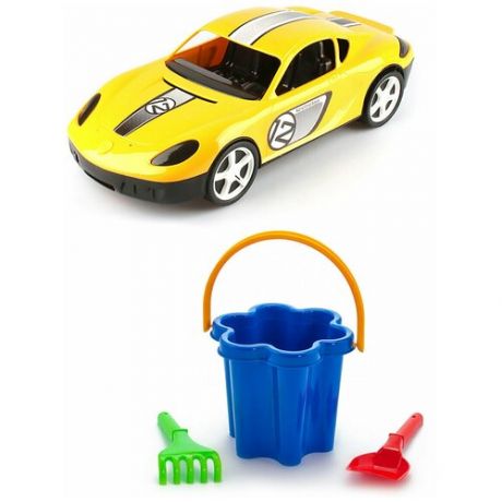 Игрушки для песочницы для снега Детский автомобиль (Молния) желтый + Песочный набор Цветок, каролина тойз