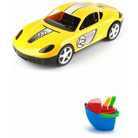 Игрушки для песочницы для снега Детский автомобиль (Молния) желтый + Песочный набор Пароходик, Каролина Тойз