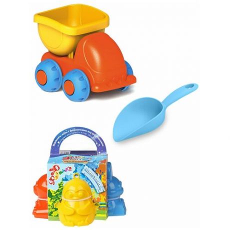 Игрушки для песочницы для снега Мягкая машинка №1 желтый кузов + Мягкий совочек голубой + 3D формочки животные №1