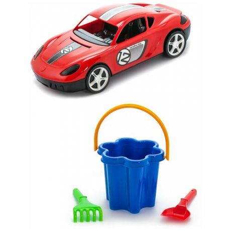 Игрушки для песочницы для снега Игрушка Детский автомобиль (Молния) красный + Набор Цветок 3 элемента