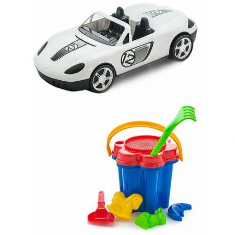 Игрушки для песочницы для снега Детский автомобиль (Кабриолет) белый + Песочный набор Цветок, Каролина Тойз