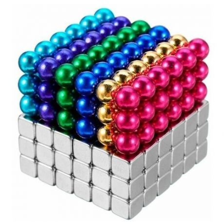 Антистресс игрушка/Неокуб Куб из магнитных шариков 5мм разноцветный 6 цветов + тетракуб серебристый 5мм 216 элементов