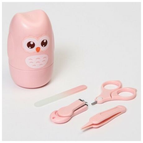Набор маникюрный детский "Совушка": ножницы, щипчики, пилочка, пинцет, цвет розовый