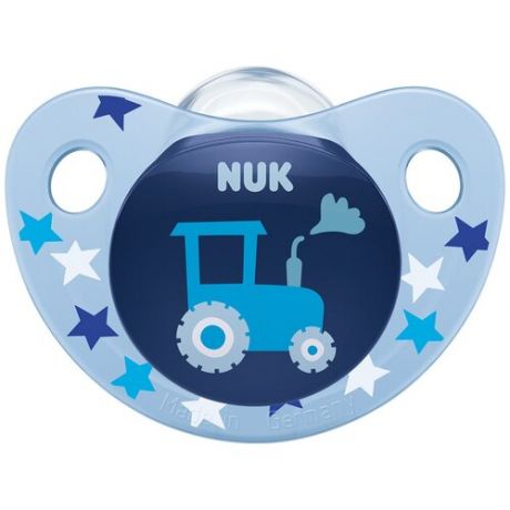 NUK Пустышка "ADORE" силикон (от 0-6 месяцев) - Трактор (без кольца, в контейнере)