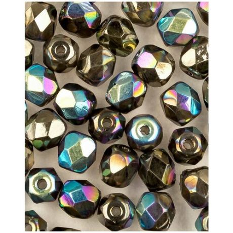 Стеклянные чешские бусины, граненые круглые, Fire polished, 4 мм, цвет Crystal Glittery Graphite, 50 шт. (00030-98555*1)