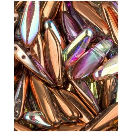 Стеклянные чешские бусины с двумя отверстиями, 2-hole Glass Dagger, 5х16 мм, цвет Crystal Copper Rainbow, 10 шт. (00030-98533*1)