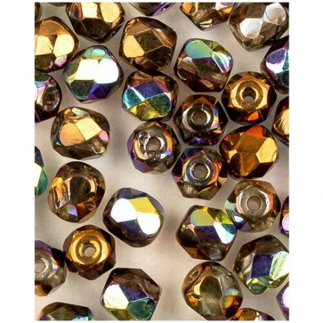 Стеклянные чешские бусины, граненые круглые, Fire polished, 4 мм, цвет Crystal Glittery Bronze, 50 шт. (00030-98556*1)