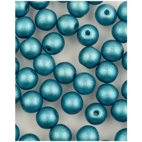 Стеклянные чешские бусины, круглые, Round Beads, 4 мм, цвет Alabaster Metallic Blue Turquoise, 50 шт. (2010-29436*1)