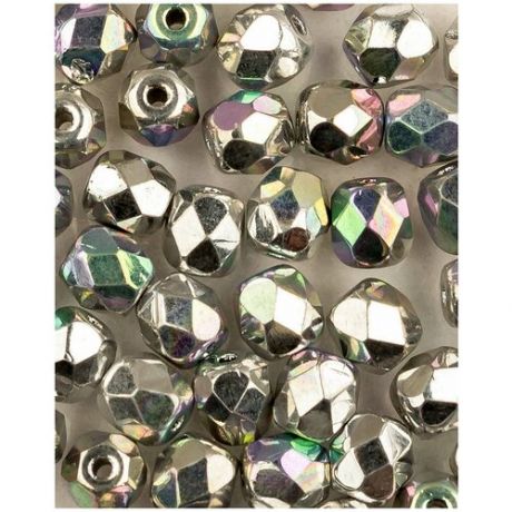 Стеклянные чешские бусины, граненые круглые, Fire polished, 4 мм, цвет Crystal Glittery Silver, 50 шт. (00030-98553*1)