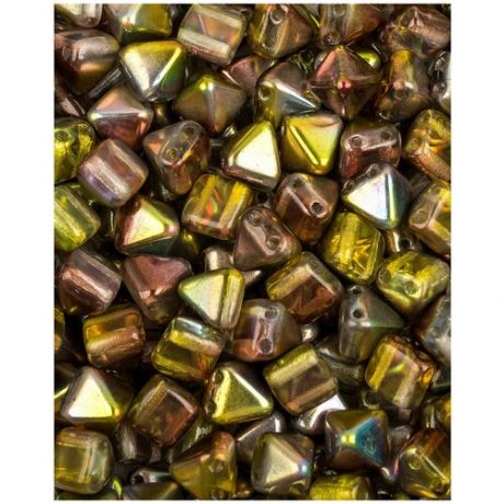 Стеклянные чешские бусины с двумя отверстиями, Pyramid beads 2-hole, 6 мм, цвет Crystal Magic Green, 20 шт. (00030-95400*2)