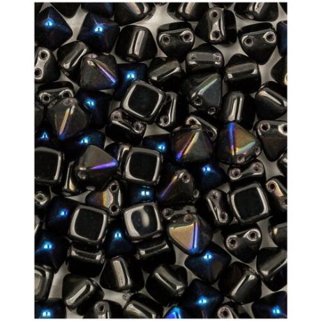 Стеклянные чешские бусины с двумя отверстиями, Pyramid beads 2-hole, 6 мм, цвет Jet Azuro, 20 шт. (23980-22201*2)