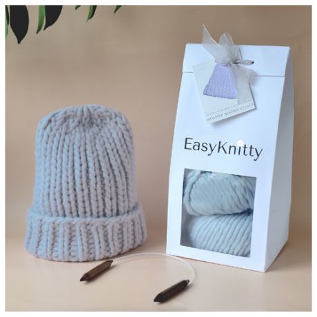 Набор для вязания зимней шапки Cloud EasyKnitty для начинающих, цвет небесно-голубой, с видеоуроками