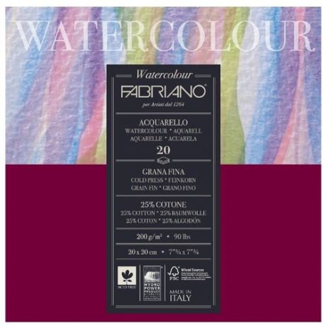 Блок для акварели Fabriano Watercolour Studio 200г/м. кв 20x20см Фин 20 листов склейка по 4 сторонам