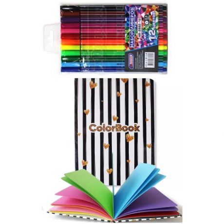 Набор: Скетчбук с цветными страницами + разноцветные линеры 12 шт Скетчбук: 80 листов, A5 - (Блокнот для рисования)