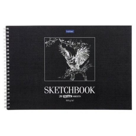 Альбом для рисования А4, 20 листов на гребне SketchBook «Сова», жёсткая подложка, блок чёрная бумага 160 г/м2
