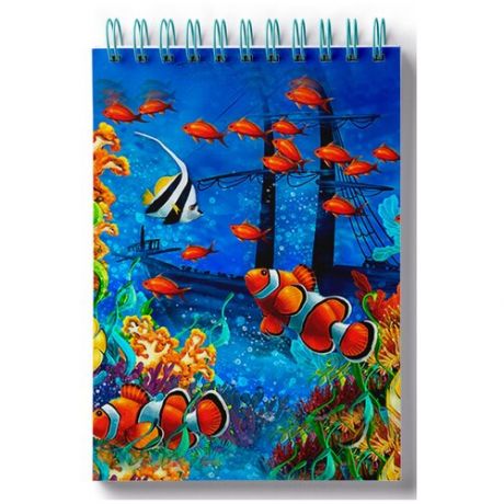 Блокнот для зарисовок, скетчбук Синее море, яркие рыбки на фоне затонувшего корабля