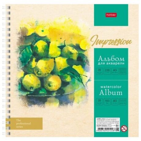 Альбом акварельный "Лимонный Аромат" 20 листов 205Х205ММ бумага 220г/кв.м на гребне тисненая обложка