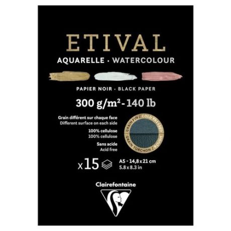 Альбом для акварели Clairefontaine 15 листов, А5, на склейке, "Etival", 300 г/м2, черный (975317C)