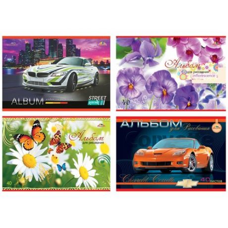 Альбом для рисования, А4, 40 листов, скоба, обложка офсет, апплика, 202×285 мм, «Автомобили/ Цветы», С1184