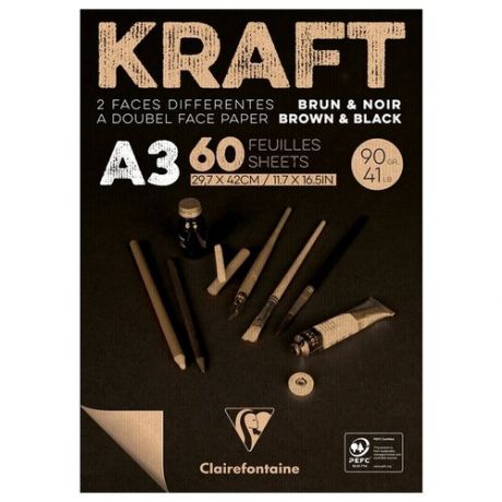 Блокнот для эскизов и зарисовок 60л. А3 на склейке Clairefontaine «Kraft», 90г/м2, верже, черный/крафт