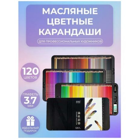 Цветные художественные масляные карандаши NYONI 120 цветов, деревянные, заточенные, в подарочном металлическом кейсе