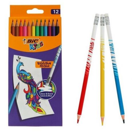 Цветные карандаши 12 цветов, детские, шестигранные, с ластиком стираемые, BIC Kids Illusion