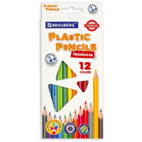 Карандаши цветные ударопрочные пластиковые BRAUBERG PREMIUM, 12 цветов, трехгранные, грифель мягкий 3 мм, 181661