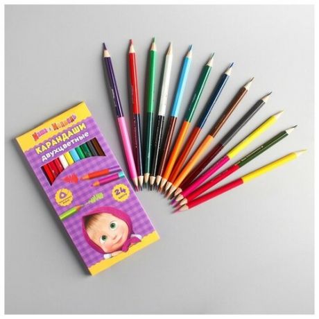 Двухсторонние цветные карандаши 24 цвета, Маша и Медведь, 12 шт.