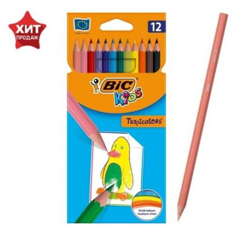 BIC Цветные карандаши 12 цветов, детские, шестигранные, ударопрочные, BIC Kids Tropicolors