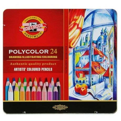 Koh-I-Noor Карандаши художественные PolyColor 3824, 24 цвета, мягкие, в металлическом пенале