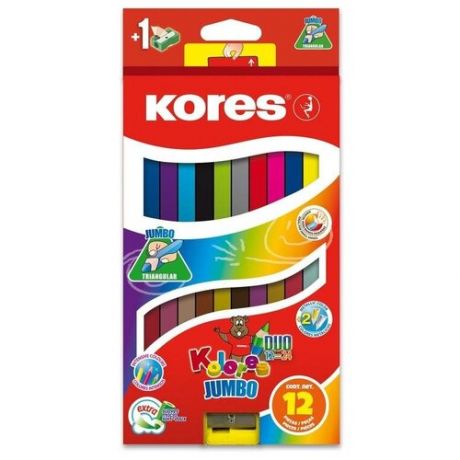 Карандаши цветные Kores DUO Jumbo 24 цвета трехгранные с точилкой, 1334937