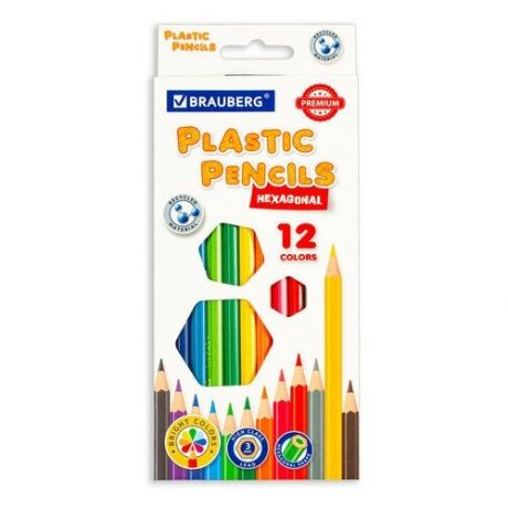 Карандаши цветные пластиковые BRAUBERG PREMIUM, 12 цветов, шестигранные, грифель мягкий 3 мм, 181666 2 уп
