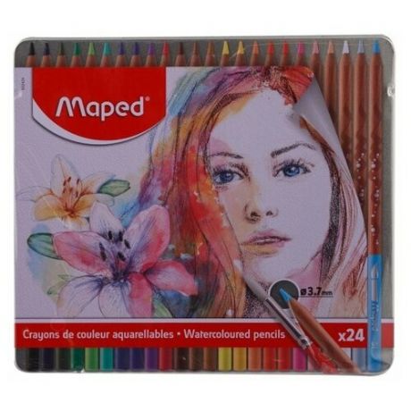 Карандаши цветные Maped Artist акварельные с кисточкой 24 цвета в металлическом футляре