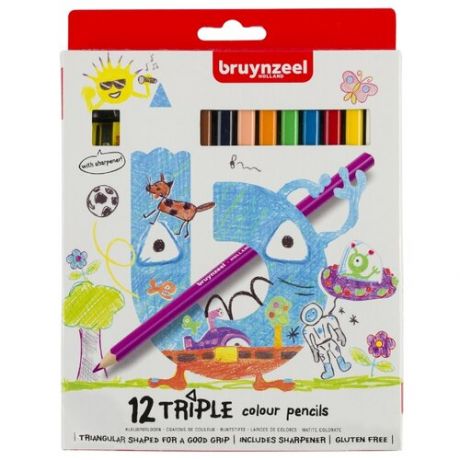 Набор цветных карандашей Bruynzeel трехгранных 12цв + точилка для детей от 4 лет