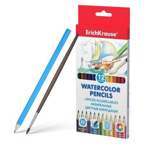 Цветные карандаши ErichKrause 12 цветов акварельные шестигранные с кисточкой