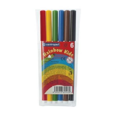 Фломастеры 6 цветов CENTROPEN "Rainbow Kids", круглые, смываемые, вентилируемый колпачок, 7550/6ET, 7 7550 0602