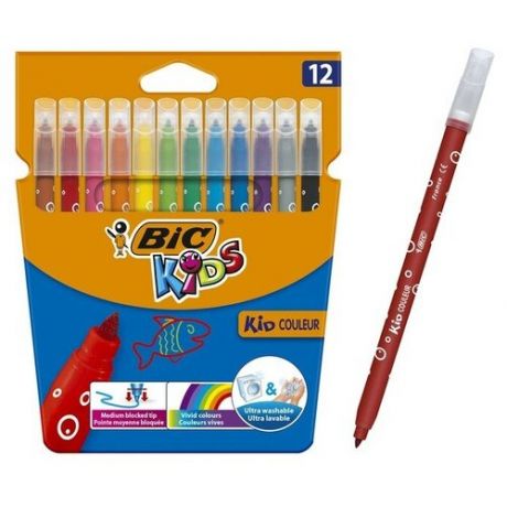 Фломастеры 12 цветов, детские, смываемые, среднее письмо, BIC Kid Couleur