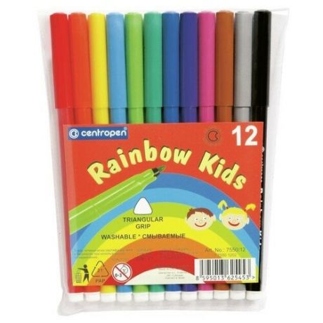 Centropen Фломастеры 12 цветов, Centropen Rainbow Kids 7550/12, пластиковая упаковка