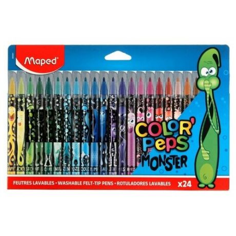 Фломастеры 24 цвета Maped COLOR'PEPS MONSTER, смываемые, с заблокированным пишущим узлом, в картонном футляре