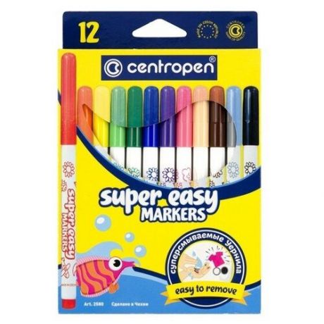 Centropen Фломастеры 12 цветов Centropen 2580/12 SUPER EASY, линия 1-3 мм, картонная упаковка, европодвес