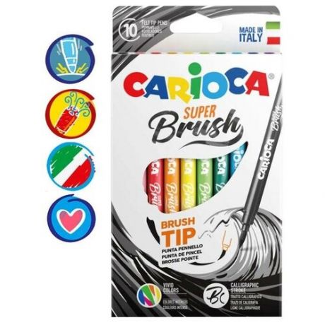 CARIOCA Фломастеры-кисть 10 цветов, Carioca "Super Brush", смываемые, картон, европодвес