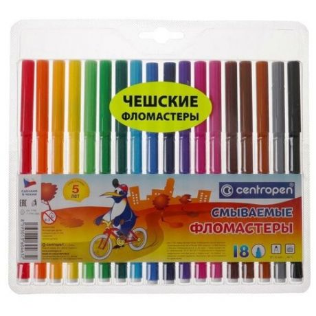 Фломастеры 18 цветов CENTROPEN «Washable», смываемые, вентилируемый колпачок, 7790/ 18TP