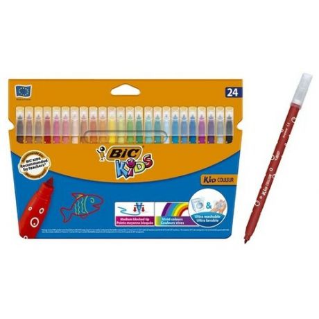 BIC Цветные фломастеры 24 цвета, детские, смываемые, среднее письмо, BIC Kid Couleur