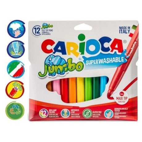 CARIOCA Фломастеры 12 цветов Carioca Jumbo, 5 мм, утолщенные, смываемые, картон, европодвес