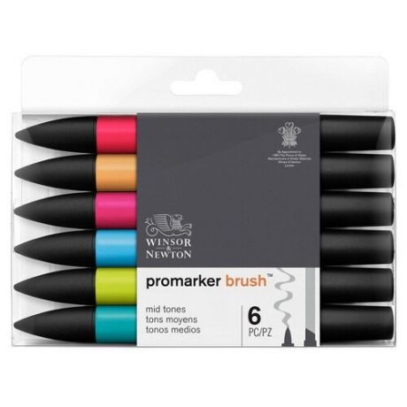 Winsor&Newton Набор маркеров-кистей "PromarkerBrush", спиртовые, скошенный/кисть, 6шт