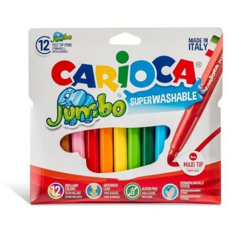 Фломастеры 12 цветов Carioca "Jumbo" 5 мм, утолщенные, смываемые, картон, европодвес
